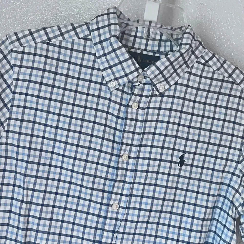 Ralph Lauren Shirt Boys Large 14-16 Blue White Plaid Button Down Cotton Comfort